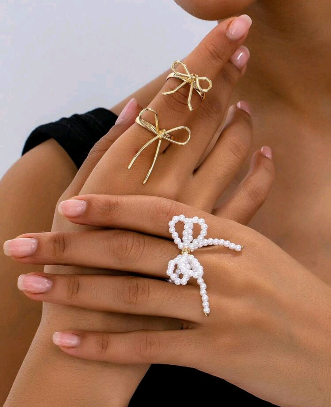 3-Piece Accessories Set – Faux Pearl & Gold Bow Rings